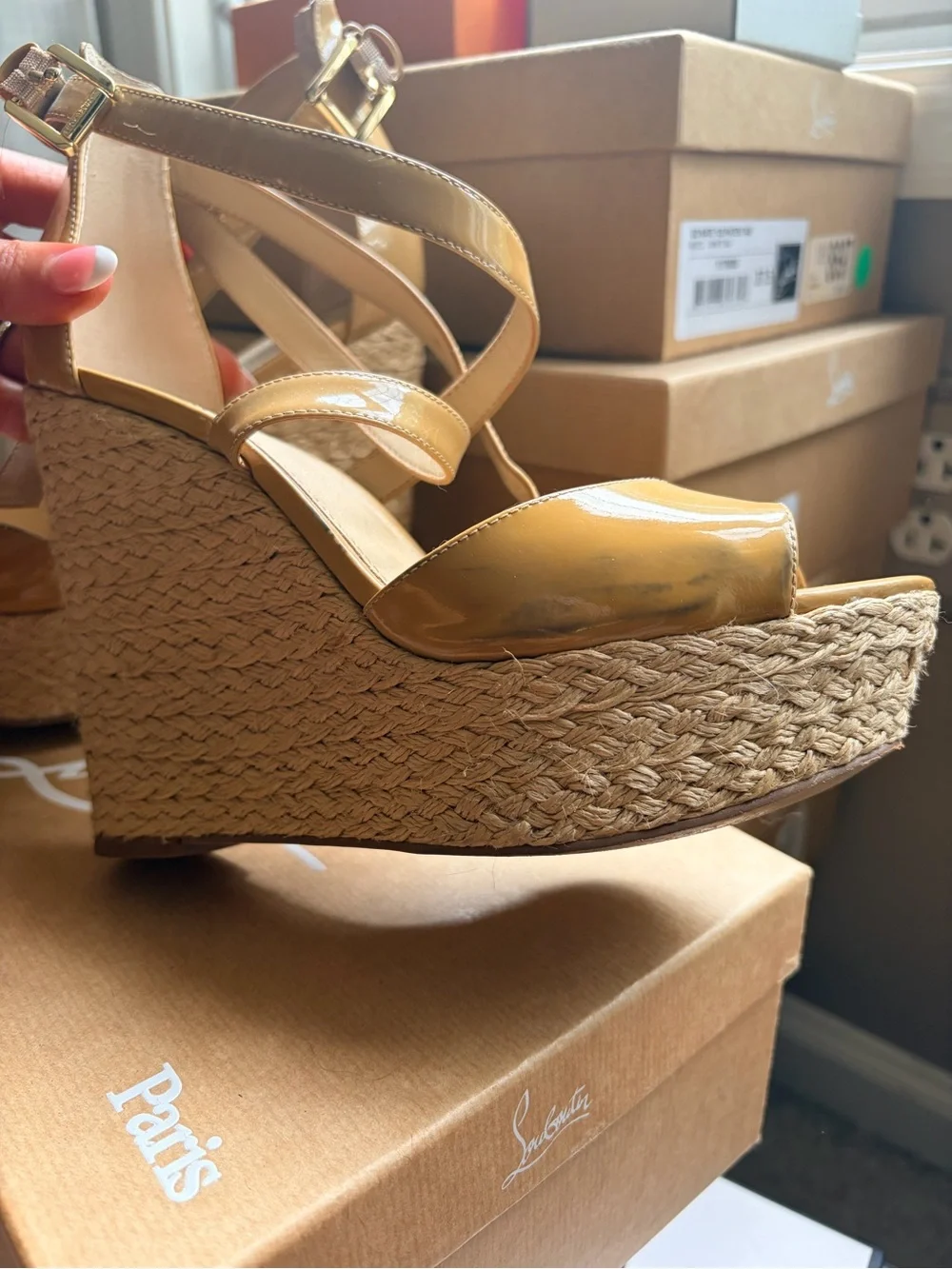 Michael Kors Patent Leather Espadrille Wedge Sandals in Mustard Tan.